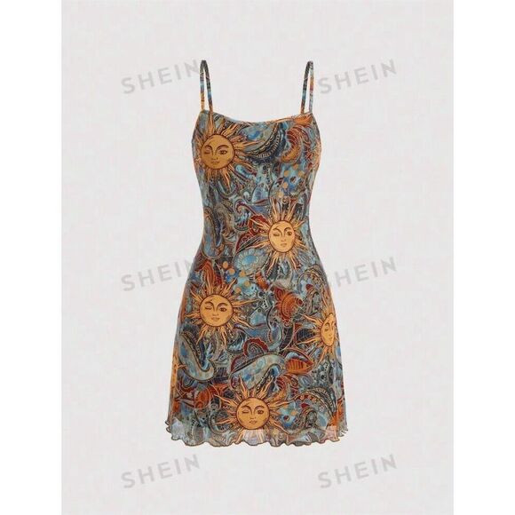 SHEIN Dresses & Skirts - Y2K Sun Face Print Mesh Mini Dress Boho Festival Spaghetti Strap Dress  Large